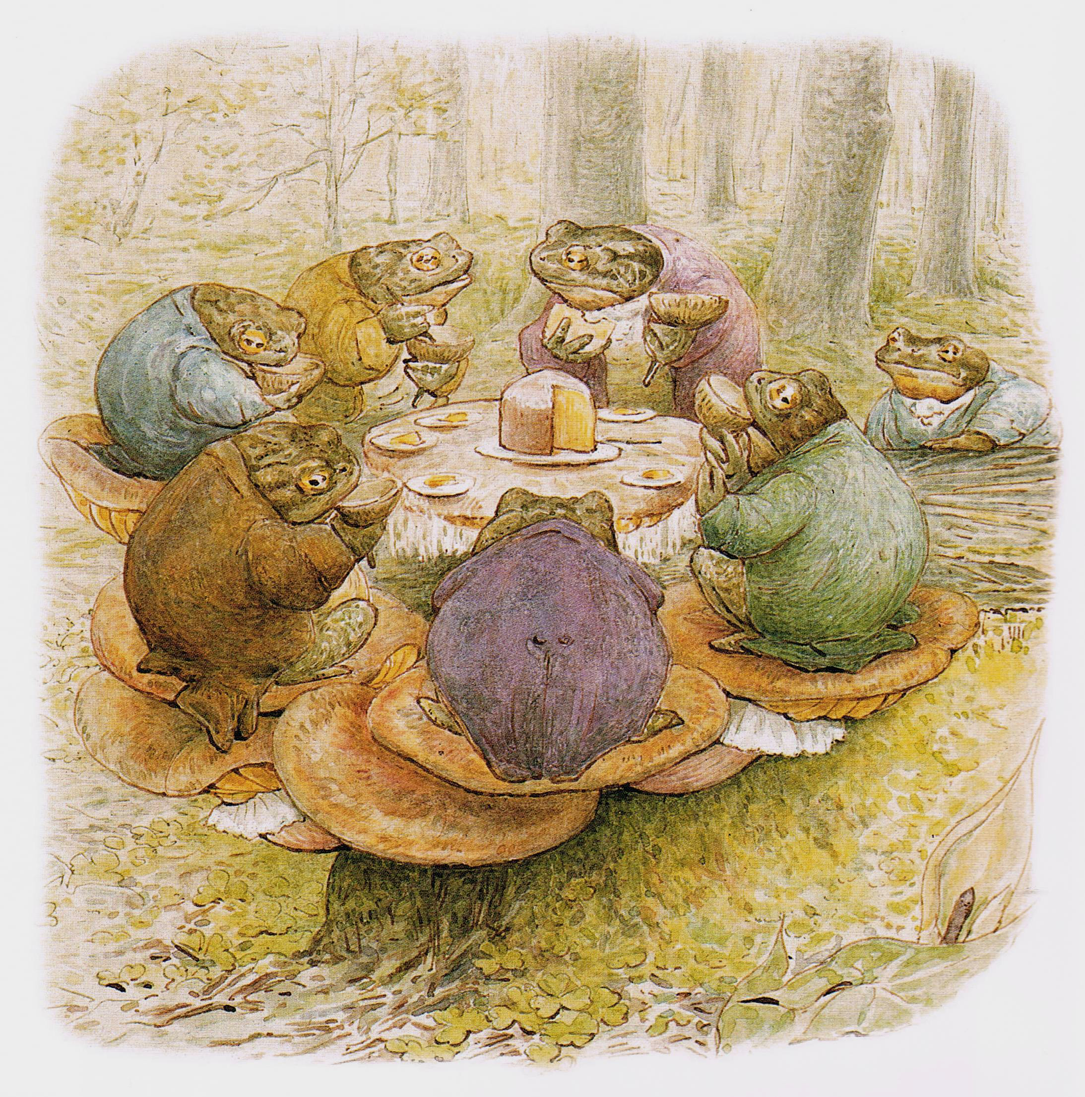 Beatrix Potter drawing of toads having a tea party