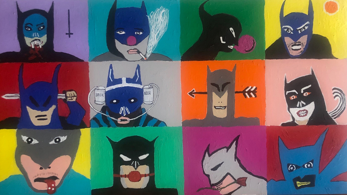 A painting of a grid of 12 versions of the head and shoulders of Batman.